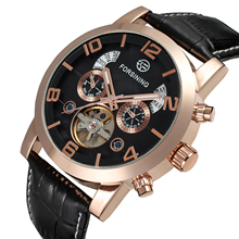 Forsining relógio masculino de couro legítimo, relógio digital com moldura dourada, automático, corda automática 2024 - compre barato