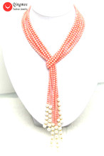 Qingmos 45 "натуральный коралловый платок длинное ожерелье для женщин с 3 нитями 4 мм розовый коралловый ожерелье и белый жемчуг ожерелье ювелирные изделия 2024 - купить недорого