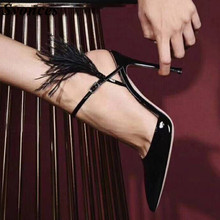 Pointy Black Patent Leather High Heel Pumps Summer Lady Shoes Thin Heels Ankle Strap With Feather Decor Elegant Party Heels 2019 2024 - buy cheap