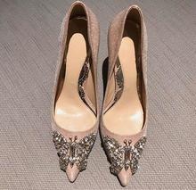 Elegant Pink Silver Leather High Heel Pumps Pointed Toe Crystal Butterfly-knot Wedding Shoes Bride Slip-on Heels Lady Dress Shoe 2024 - buy cheap