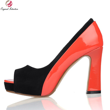 Original Intention Popular Women Pumps Patchwork Peep Toe Square Heels Pumps Red Beige Stylish Shoes Woman US Size 4-10.5 2024 - buy cheap
