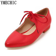 YMECHIC 2018 Hot Lace Up Low Heel Pointed Toe Party Women Shoes Female Casual Big Size Pink White Lady Mary Janes Pumps Spring 2024 - buy cheap