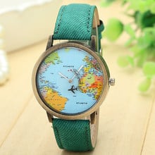 Relojes de moda para mujer, nuevo reloj de pulsera de cristal con correa de tela vaquera, con mapa de avión Global, 2019 2024 - compra barato