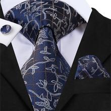 Hi-Tie Luxury Silk Fashion Men's Necktie Blue Floral Tie Set Business Wedding Suit Ties Cuffllinks Handkerchiefs 8.5cm SN-3082 2024 - buy cheap