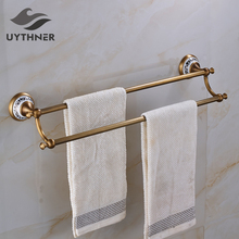 Solid Brass Bathroom Double Towel Bars Blue and White Porcelain Wall Cover Towel Holder Antique Brass 2024 - buy cheap