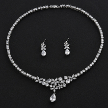 Lindo design de joias de noiva pura transparente cz banhado a prata brincos de gota colar joias conjuntos de acessórios de casamento p16,32 2024 - compre barato