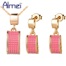 Almei 2017 Turkish Bridal Pink Enamel Jewerly Sets for Women Rose Gold Color Earrings Green Necklace Set Wedding for Women T242 2024 - buy cheap