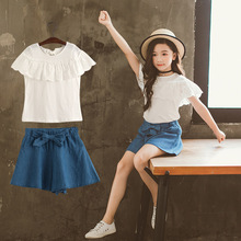 2018 Summer Girls Clothing Sets teenage Kids Clothes Suit White Tops +Denim shorts  3-14 years 2pc Children Clothing set 2024 - buy cheap