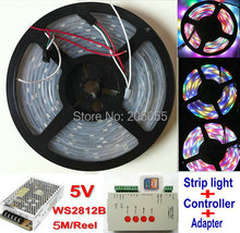 5m 5v 60led/m programável ws2812b rgb 5050 led strip endereçável magia cor impermeável ip67 + controlador (T-1000s)+ fonte de alimentação 2024 - compre barato