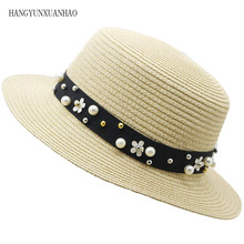 Hot Sale+Flat Top Straw hat Summer Spring Women's Trip Caps leisure Pearl Beach Sun hats Parent-child Breathable Fashion Hats 2024 - compre barato