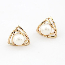 30 pairs/lot Simulated Pearl Earring Gold Color Hollow Triangle Stud Earrings For Women Ear Jewelry Accessories Pendientes 2024 - buy cheap