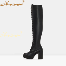 Черные лакированные кожаные сапоги до колена на очень высоком массивном каблуке, зима 2021, женские офисные праздвечерние чные ботинки на молнии, женская обувь 2024 - купить недорого