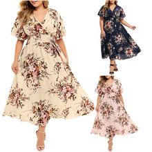 Vestido floral plus size moda vestidos femininos floral impresso com decote em v manga curta vestido casual robe femme ete 2018 vestido longo 2024 - compre barato