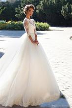 Wedding Dresses Lace Tulle Gowns with Sleeves A-Line illusion Back Appliques Beaded Belt Bridal Dresses 2019 2024 - buy cheap