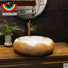 Lavobo pia de banheiro de cerâmica 2 cores, estilo primitivo vintage artesanal, redondo, bancada 2024 - compre barato