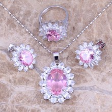 Rosa branco cz prata banhado conjuntos de jóias brincos pingente anel tamanho 6 7 8 9 10 s0060 2024 - compre barato