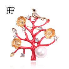 Flor de cristal pássaro broches para mulheres grande árvore imitação pérolas broche decorativo pinos senhoras terno luxo jóias esmalte vermelho 2024 - compre barato