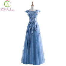 SSYFashion New The Banquet Elegant Evening Dress Grey Blue Lace Flower with Beading Long Prom Party Gown Custom Robe De Soiree 2024 - buy cheap
