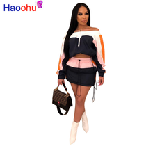 HAOOHU Sexy 2 piezas que combinan la ropa de verano para las mujeres Slash cuello de manga larga Crop Top y Bodycon Mini falda chándales 2024 - compra barato