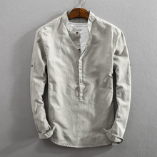 Camisa masculina de algodão e linho, camisa de manga longa com gola mandarin, social para homens 2024 - compre barato