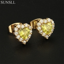 SUNSLL Golden  Color Copper Love Heart Yellow Cubic Zirconia Stud Earrings Women's Fashion Party Jewelry CZ Brincos 2024 - buy cheap