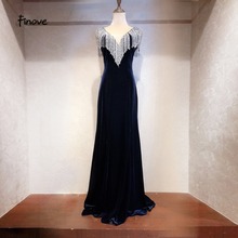 Finove Sexy V-Neck Evening Dresses 2020 Navy Blue Tank Floor Length Backless Tassel Mermaid Formal Dresses Party Dress Gowns 2024 - buy cheap