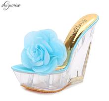 2019 Summer Woman Shoes Platform Slippers Wedge Beach High Heel Slippers Brand Transparent Special-shaped Crystal Ladies Shoes 2024 - buy cheap