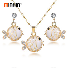 MINHIN Cute Jewelry Sets For Woman Gold Color Fish Design Pendant Necklace Crystal Earrings Wedding Sets Two Piece Set 2024 - buy cheap