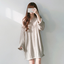 2018 Autumn New Korean Fashion Clothing Chic Loose V-neck Long-Sleeved Wool Knit Dress Women's Student Campus Style Dress 2024 - buy cheap