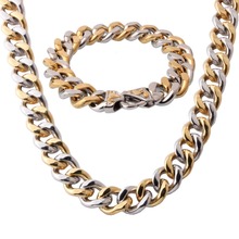 Cool Gift 316L Stainless Steel Silver Color Gold Cuban Curb Link Chain Necklace 24" And Bracelet 8.66" Fashion Jewelry Set 15MM 2024 - buy cheap