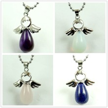 Natural Stone Quartz Crystal lapis Turquoises Angel Wings Fairy Water Drop Shape charm Pendants for diy Jewelry making Necklace 2024 - buy cheap