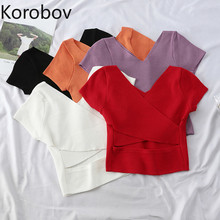 Korobov Korean Sexy Backless Women Short T Shirt Short Sleeve V Neck Crop Top T-Shirt Streetwear Knit Solid Female Tee Top 77872 2024 - buy cheap