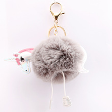 QiYuFang Cute Fluffy Unicorn Keychain fake Rabbit Fur Ball Pom Pom Key Chain Bag Women Key Ring Accessories Wholesale 2024 - buy cheap