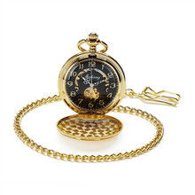 SHUHANG Brand Gold Plated Mens Skeleton Mechanical Hand Winding Pocket Watch Steampunk Watch w/Chain 2024 - buy cheap