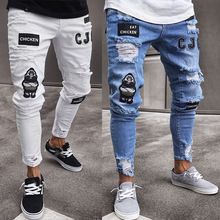 Мужские рваные джинсы в стиле хип-хоп, облегающие байкерские джинсы с вышивкой и дырками, эластичные байкерские брюки белого, черного и синего цвета для улицы 2024 - купить недорого