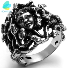 BONISKISS Cool Vintage Style Stainless Steel Greek Mythology Goddess Medusa Snake Haired Ring Band Jewelry, Black Silver Color   2024 - buy cheap