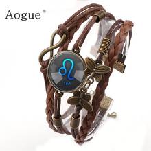 Men  Brown Artificial Leather 12 Constellation  Bracelet Butterfly  Bracelets Round  Glass Cabochon  Bracelet 2024 - buy cheap