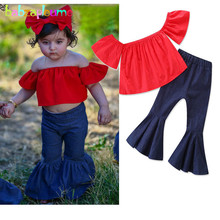 Summer Red Tops 2018 Kids Girls Clothes Sets Fashion Short Sleeve T-shirt+Denim Long Pants Baby Outfits Children Clothing BC1207 2024 - buy cheap