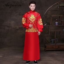 Traje de dragão chinês tradicional, vestido de casamento oriental, vestido vintage, cheongsam, longo, cetim vermelho, masculino, qipao, vestido de noivo dourado 2024 - compre barato