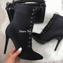 Fashion Style Women Pointed Toe Suede Leather Stiletto Heel Short Boots Black Yellow Lace-up High Heel Ankle Booties Dress Heels 2024 - buy cheap