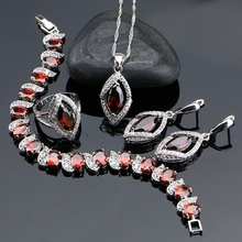 Lozenge 925 prata esterlina vermelho cz branco zircão conjuntos de jóias para presente feminino pulseira/brincos/pingente/colar/anel 2024 - compre barato