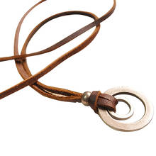 Fashion Brown Double Round Pendant Statement Necklace Adjustable Leather Cord Chain Necklace Women Men Collares Jewelry Gifts 2024 - buy cheap