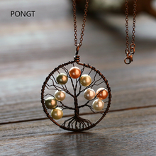 Reiki pingente árvore da vida artesanal, fio de cobre enrolado em pérola, concha com pingente de quartzo, colar de pérola, joia de noiva 2024 - compre barato