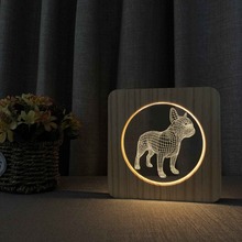 Buldogue francês de madeira 3d led 7 cores, lâmpada de mesa hologramas para decoração de bebês, brinquedos para presente