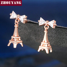 Женские серьги-капли ZHOUYANG, уникальные серьги в форме Эйфелевой башни с бантом, розовое золото, серебро, подарок, модные ювелирные изделия DZE003 2024 - купить недорого