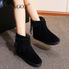 2018 Winter Warm Women Snow Shoes New Fashion Real Fur Fringe Boots MILAGOJI Cow Suede Handmade Women's Boots Black Gray White 2024 - buy cheap