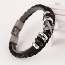 Pulseira de couro vintage, bracelete multicamada unissex de madeira com conta 2024 - compre barato
