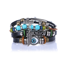 Мужской Многослойный кожаный браслет, винтажный браслет в стиле панк с тибетскими камнями, перьями и рыбками 2024 - купить недорого