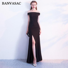 BANVASAC 2018 Boat Neck Lace Flowers Appliques Split Mermaid Long Evening Dresses Party Short Sleeve Backless Prom Gowns 2024 - buy cheap