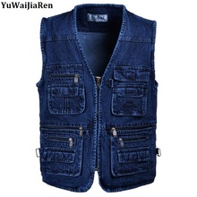 YuWaiJiaRen Oversize 5XL Denim Vests Men Cotton Multi Pocket Jean Jacket Gilet Male Brand Military Waistcoat masculina jaquetas 2024 - buy cheap